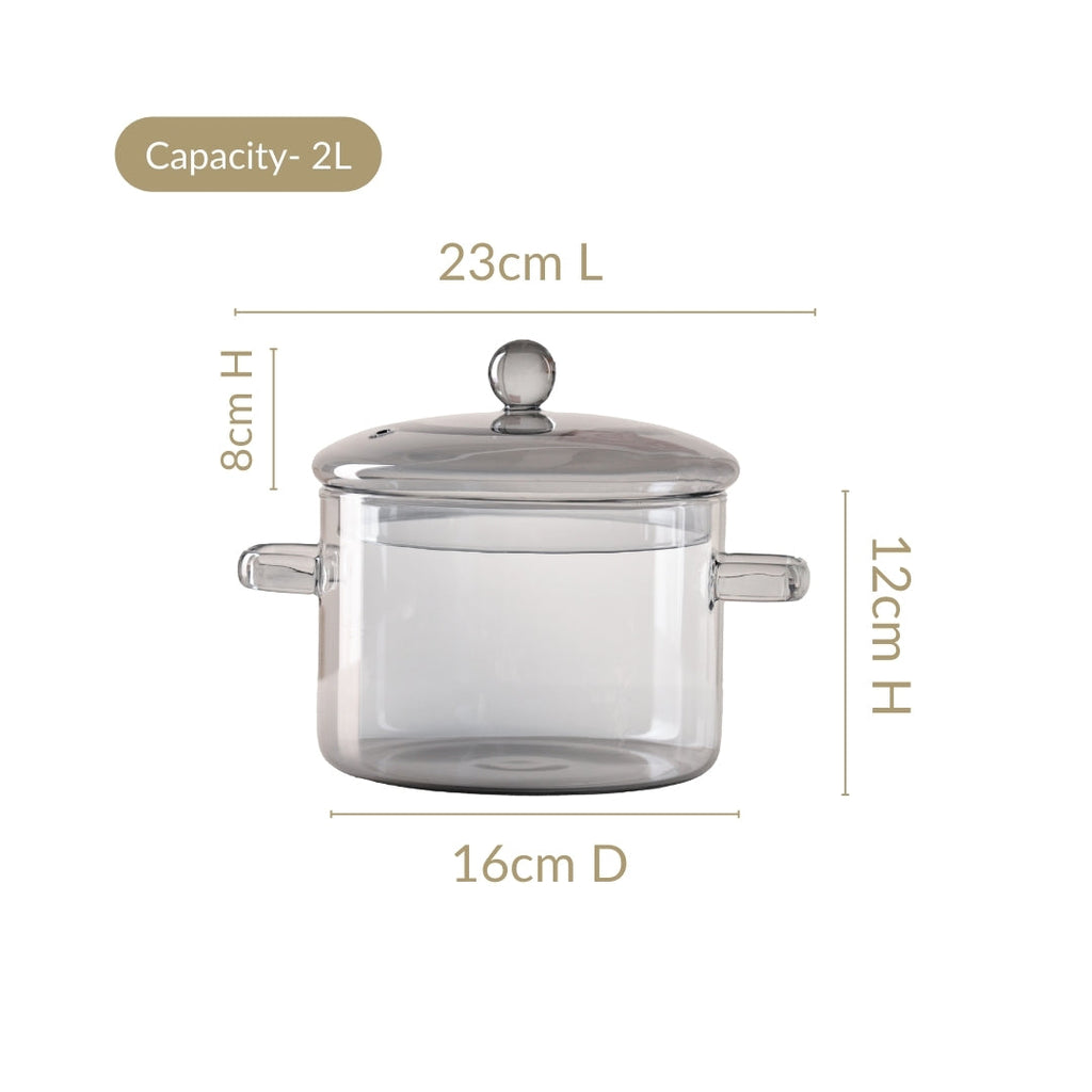Grey Borosilicate Glass Cooking Pot With Reflective Lid 2L