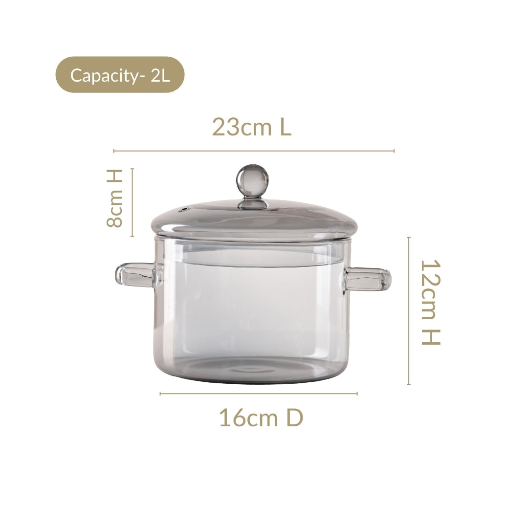 Grey Borosilicate Glass Cooking Pot With Reflective Lid 2L