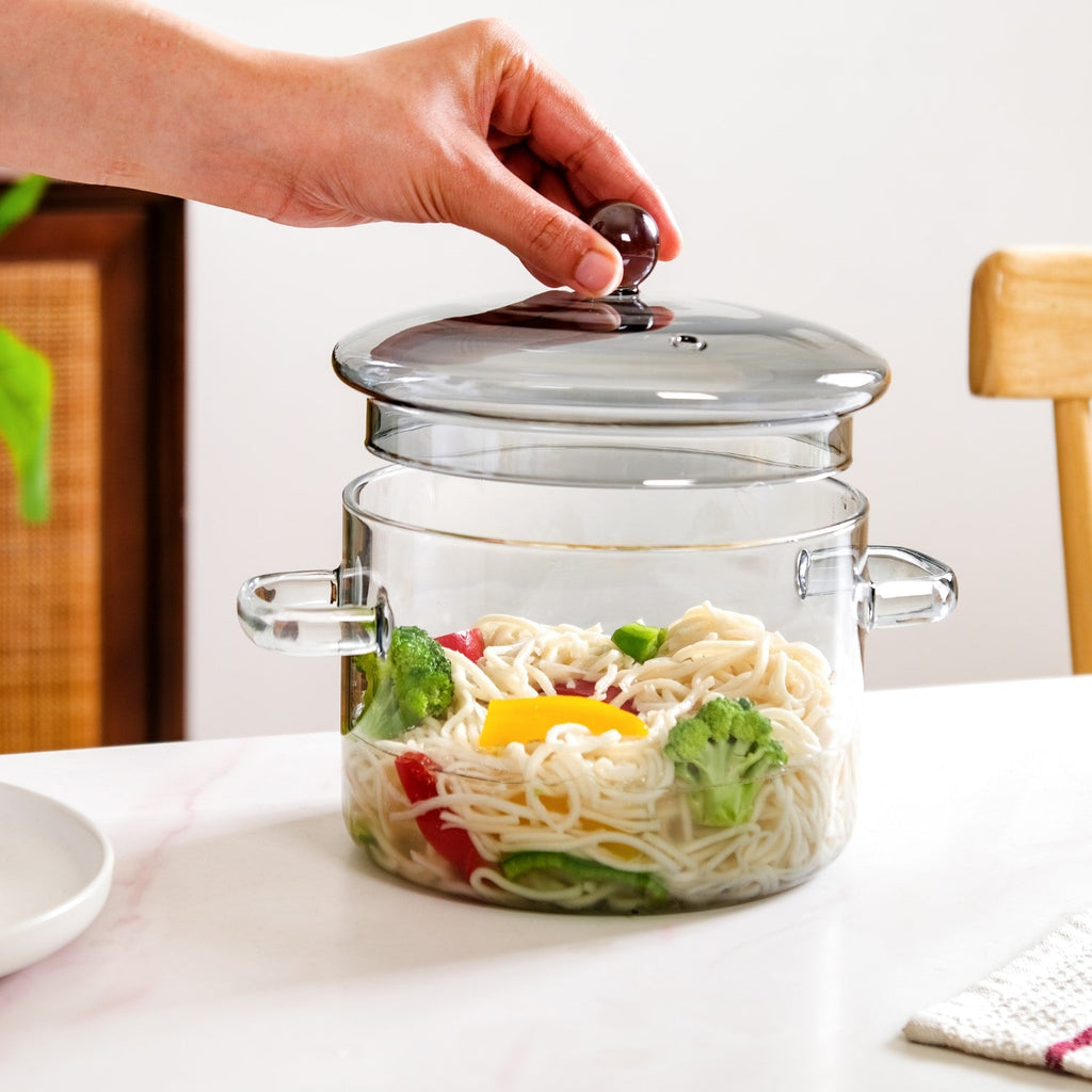 Grey Borosilicate Glass Cooking Pot With Reflective Lid 2L