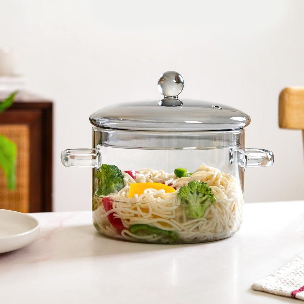 Grey Borosilicate Glass Cooking Pot With Reflective Lid 2L