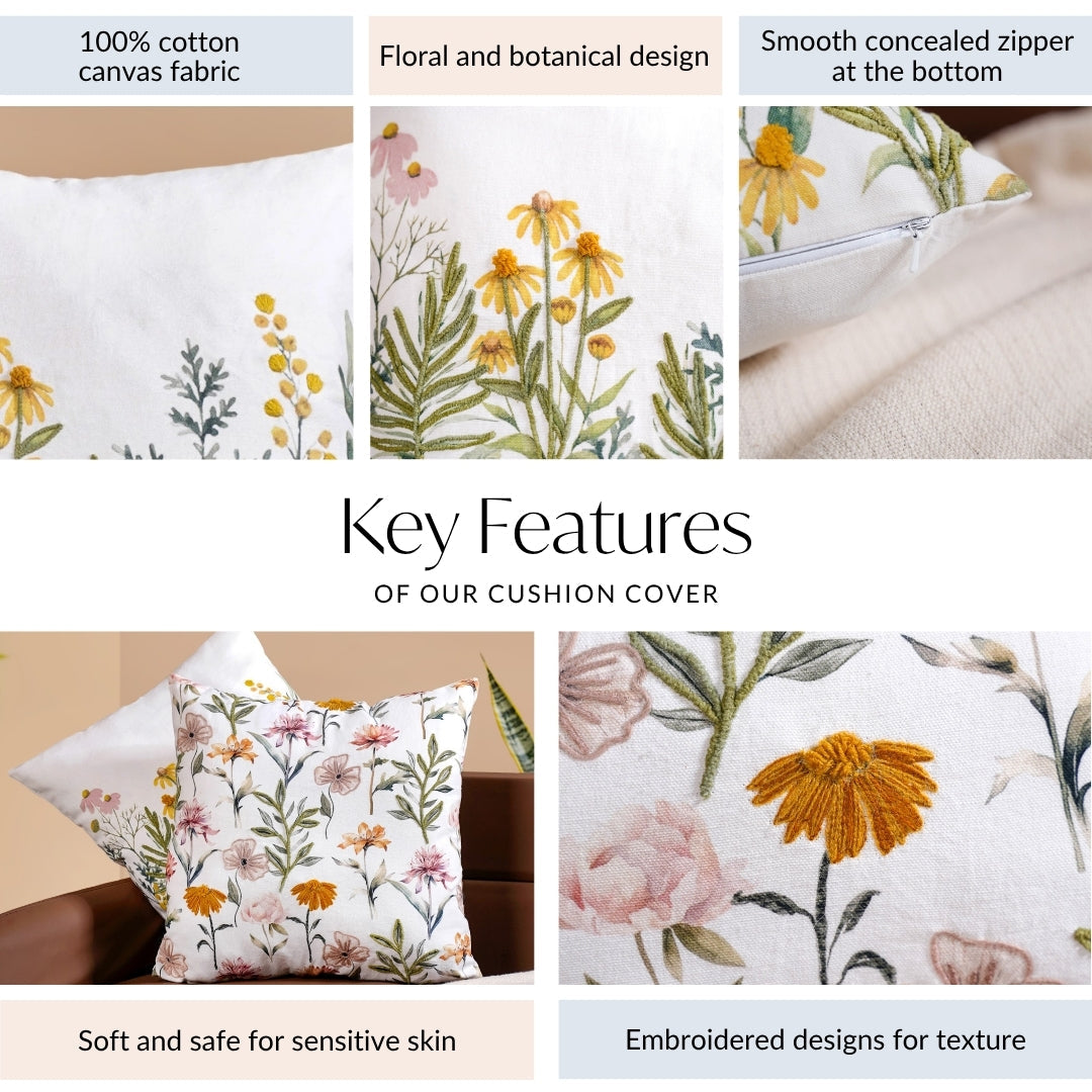Blooming Embroidery Cotton Cushion Cover Set Of 2 40x40cm