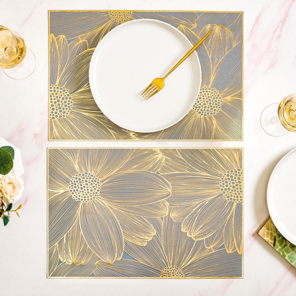 Chic Flower Rectangle Table Mat Set Of 6 Gold Blue