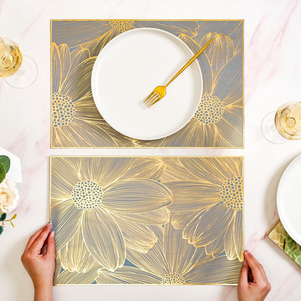 Chic Flower Rectangle Table Mat Set Of 6 Gold Blue