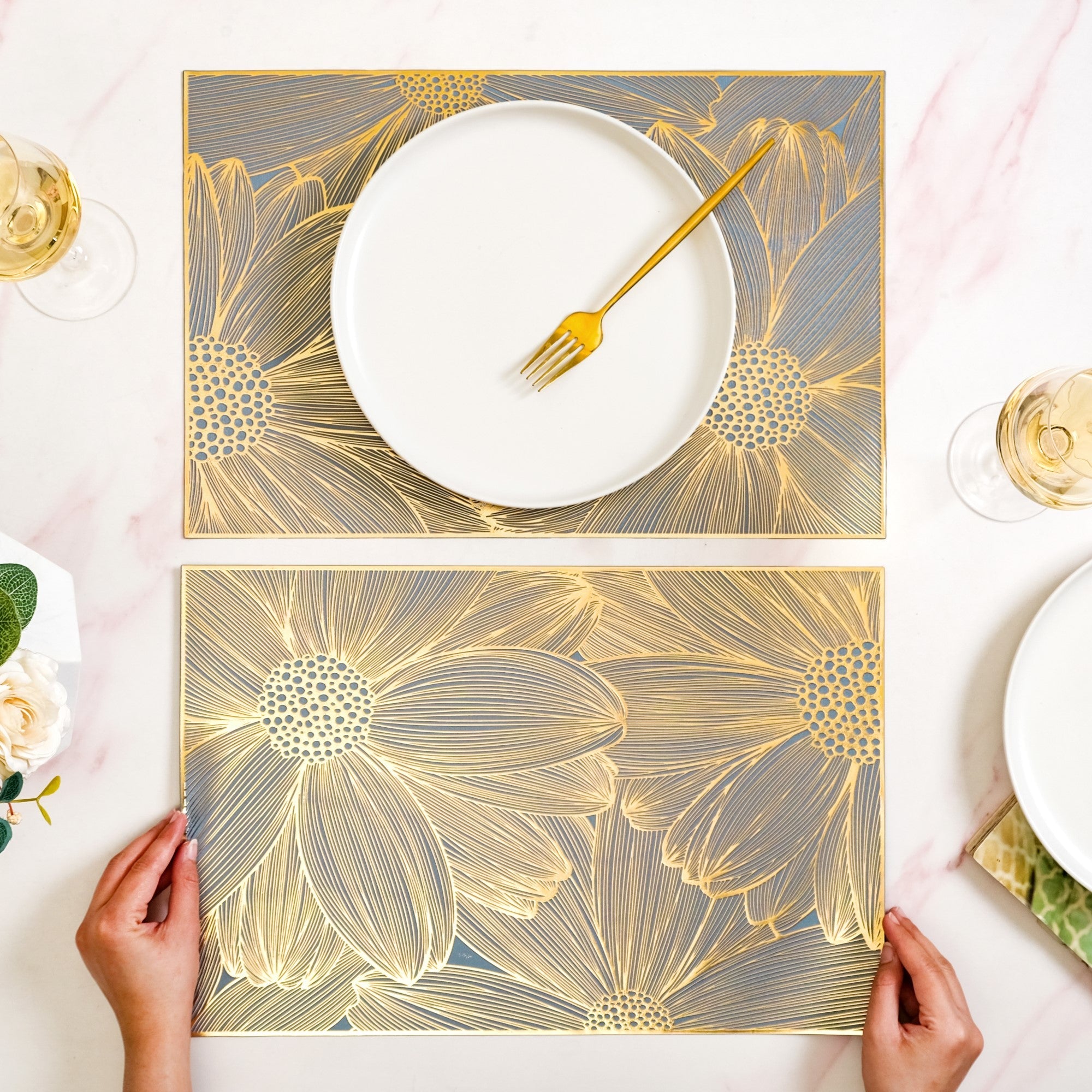 Chic Flower Rectangle Table Mat Set Of 6 Gold Blue