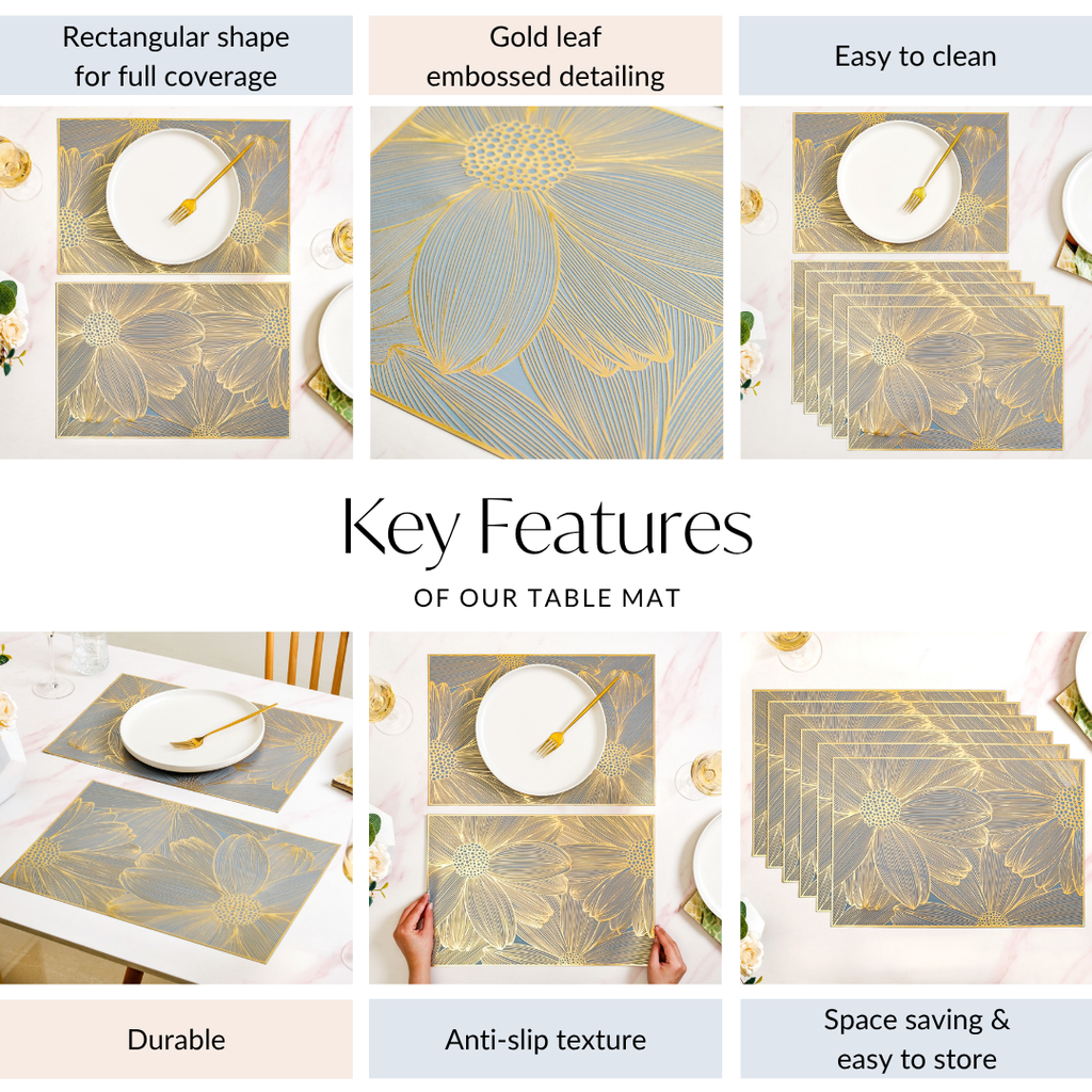 Chic Flower Rectangle Table Mat Set Of 6 Gold Blue