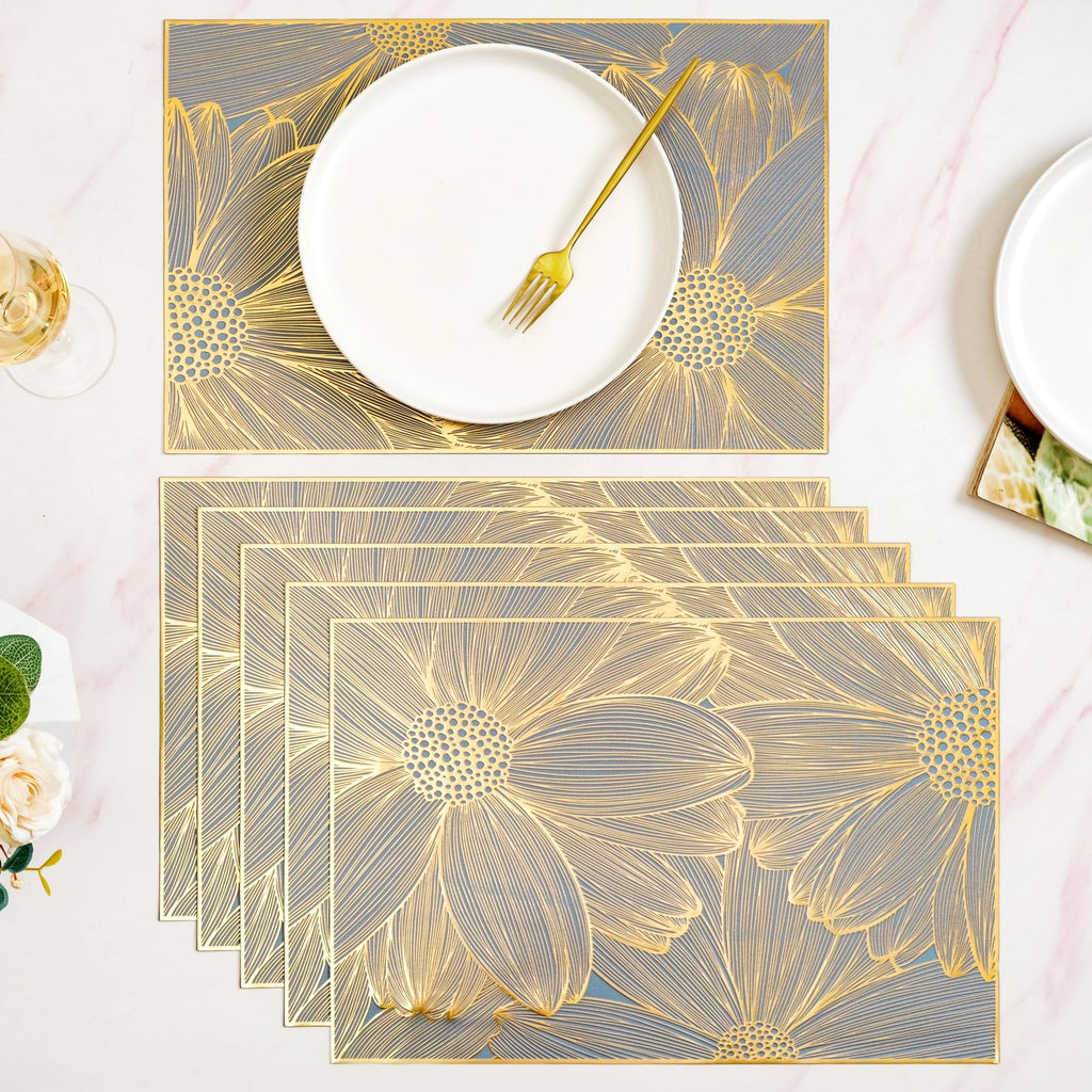Chic Flower Rectangle Table Mat Set Of 6 Gold Blue
