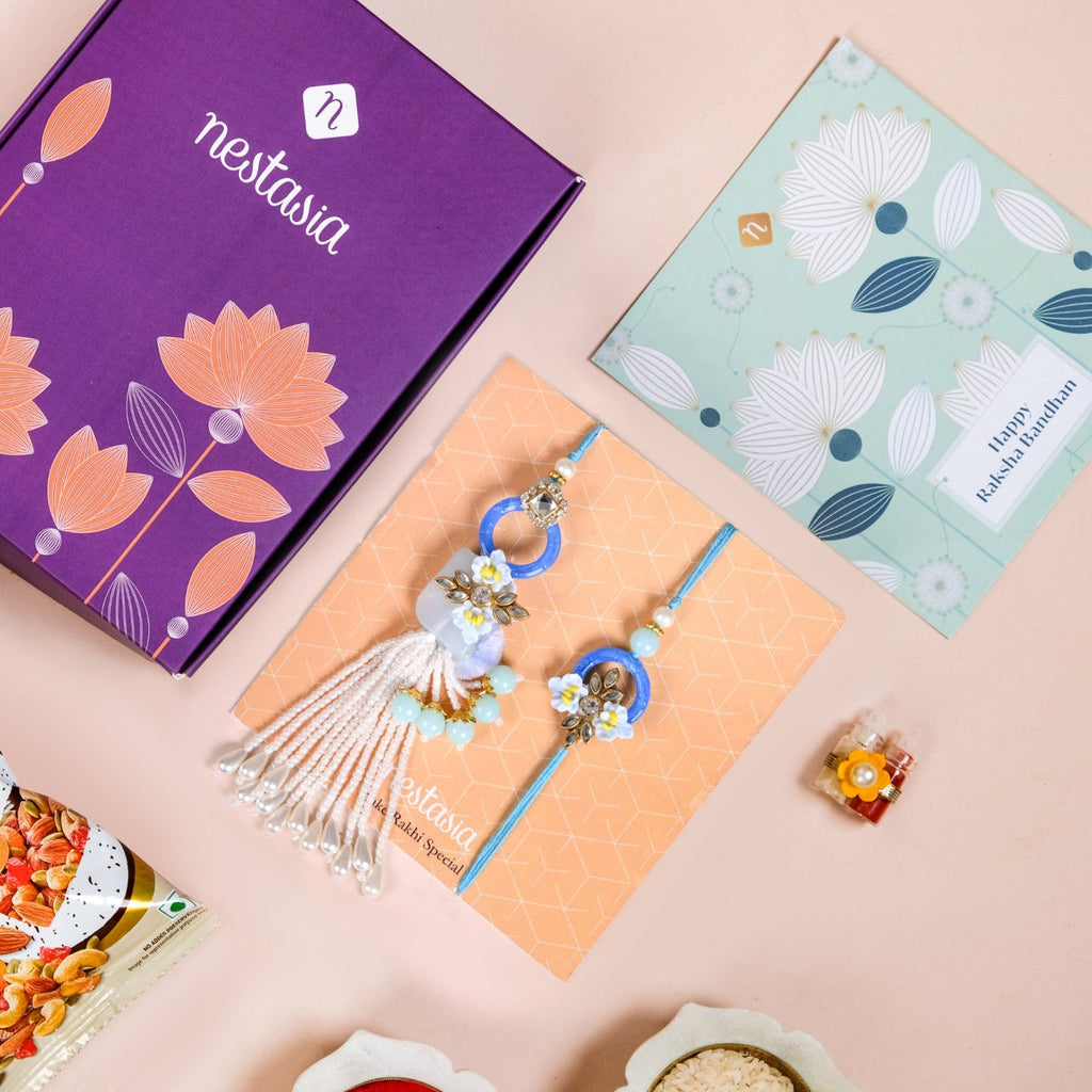 Bloom Bond Rakhi Lumba Set In Blue