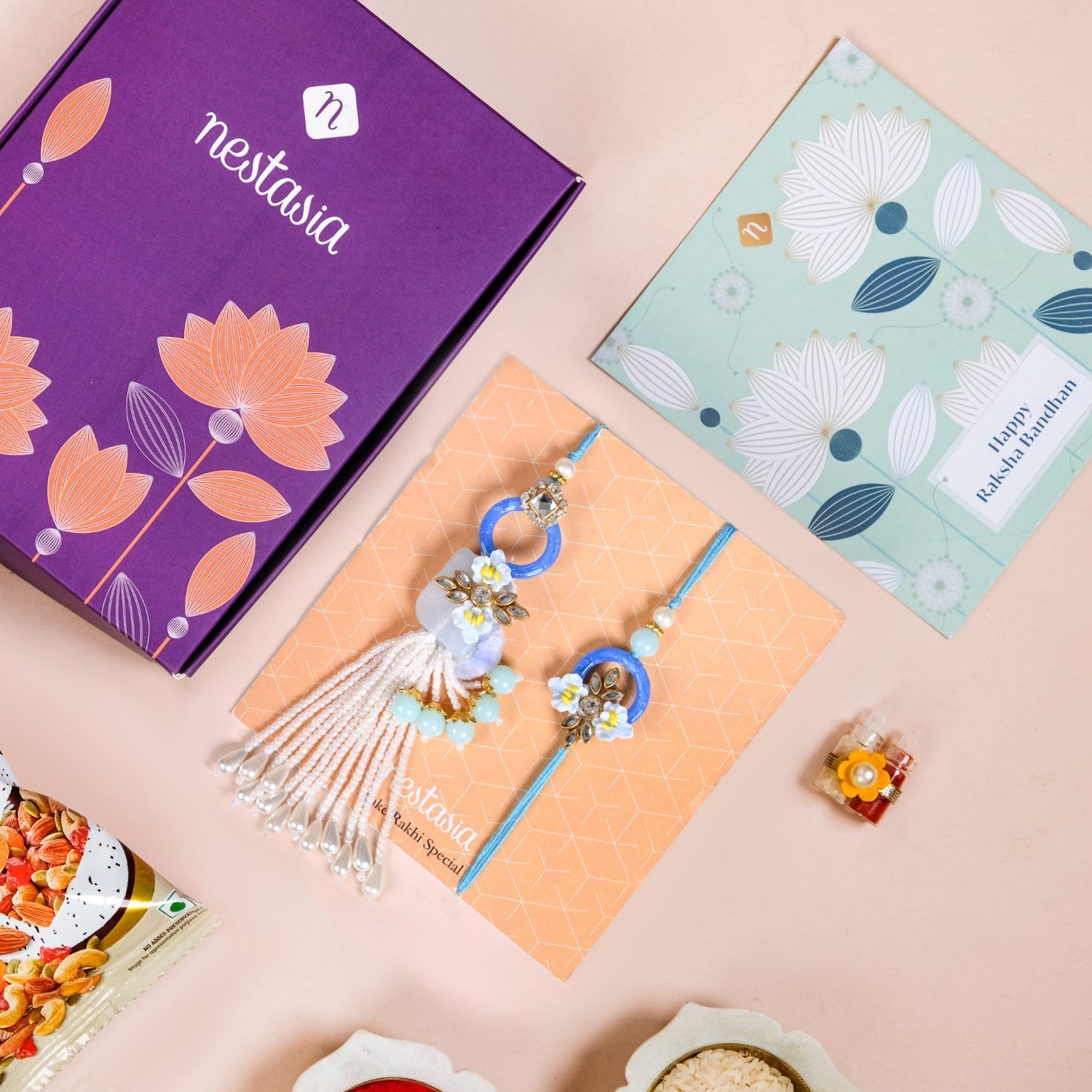 Bloom Bond Rakhi Lumba Set In Blue