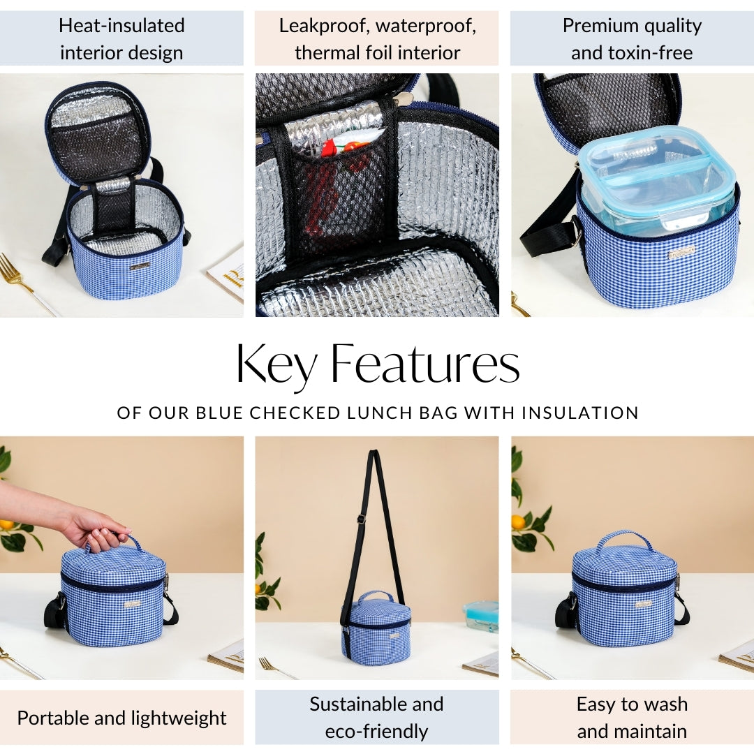 Blue Checked Lunch Bag With Insulation