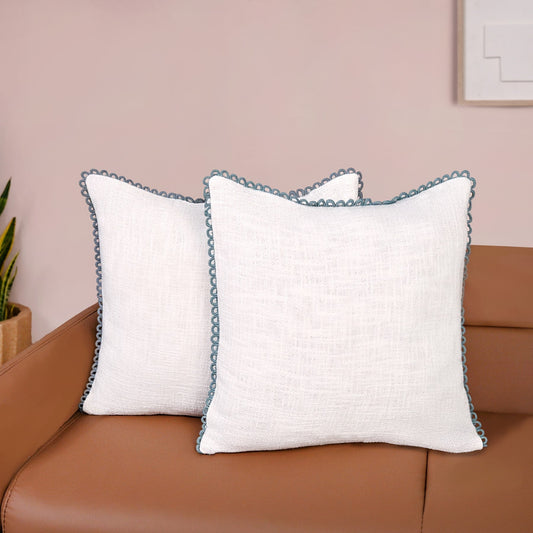 Blueline Lace Cotton Sofa With Looped Edging Set Cushion Cover Set Of 2