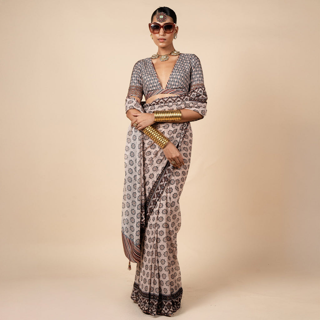 Blush Nugrey Printed Saree Set | PANJ