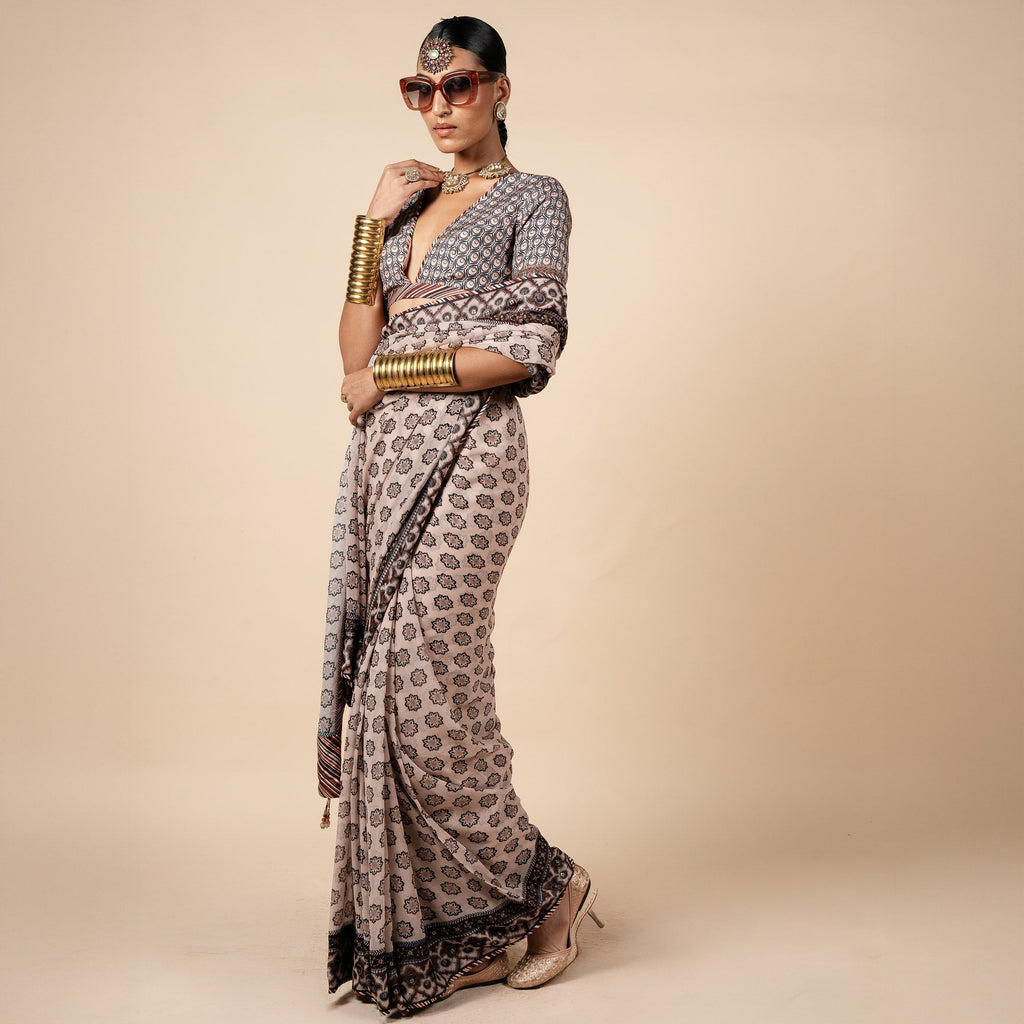 Blush Nugrey Printed Saree Set | PANJ