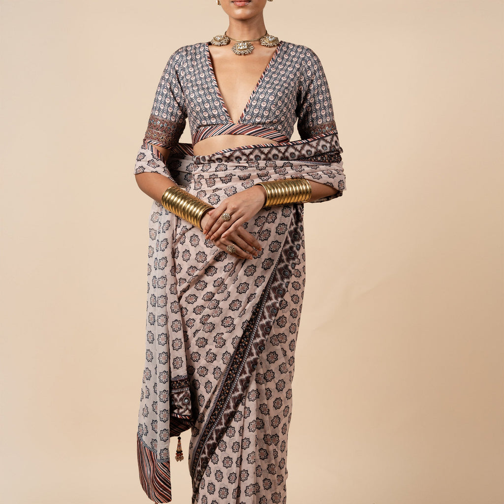 Blush Nugrey Printed Saree Set | PANJ