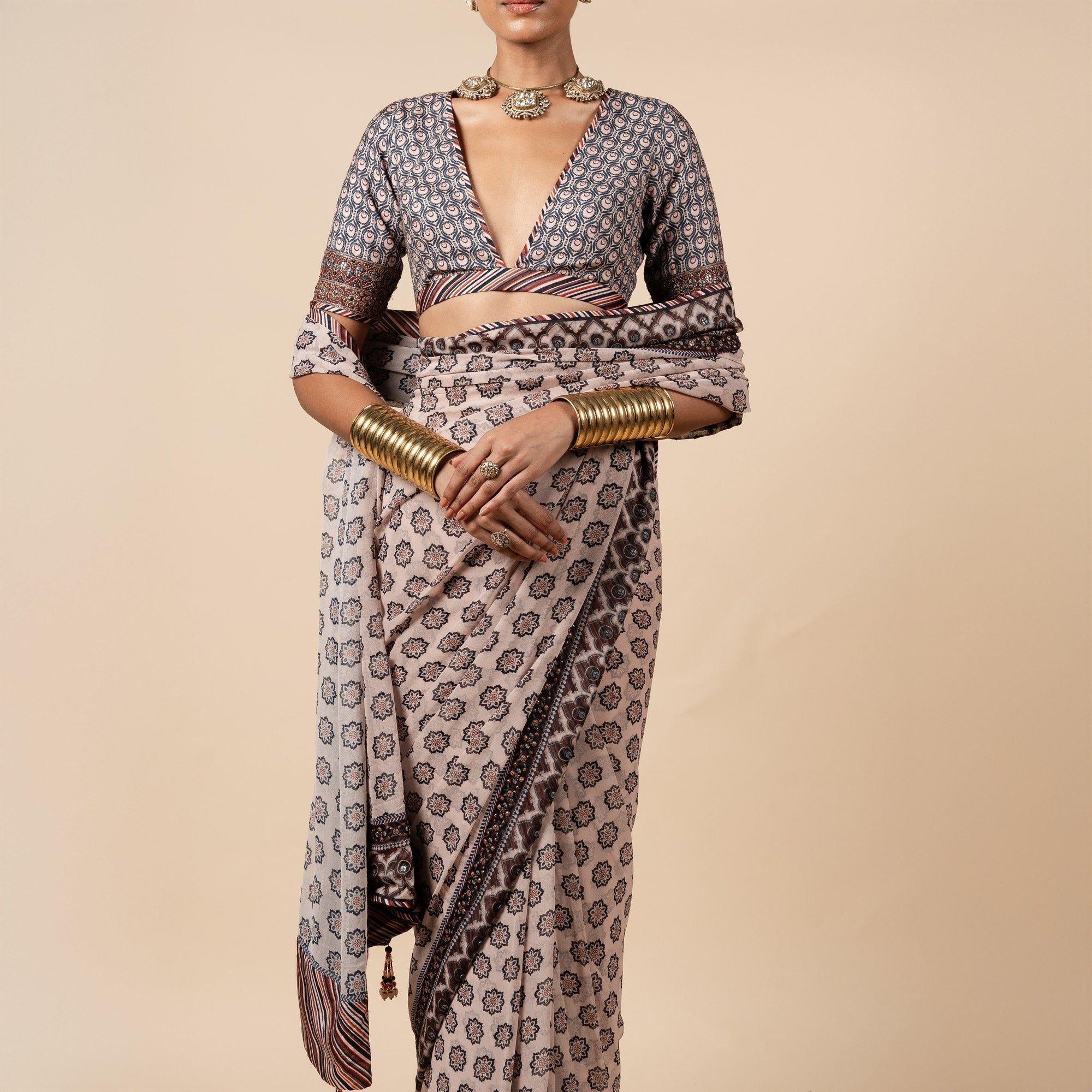 Blush Nugrey Printed Saree Set | PANJ