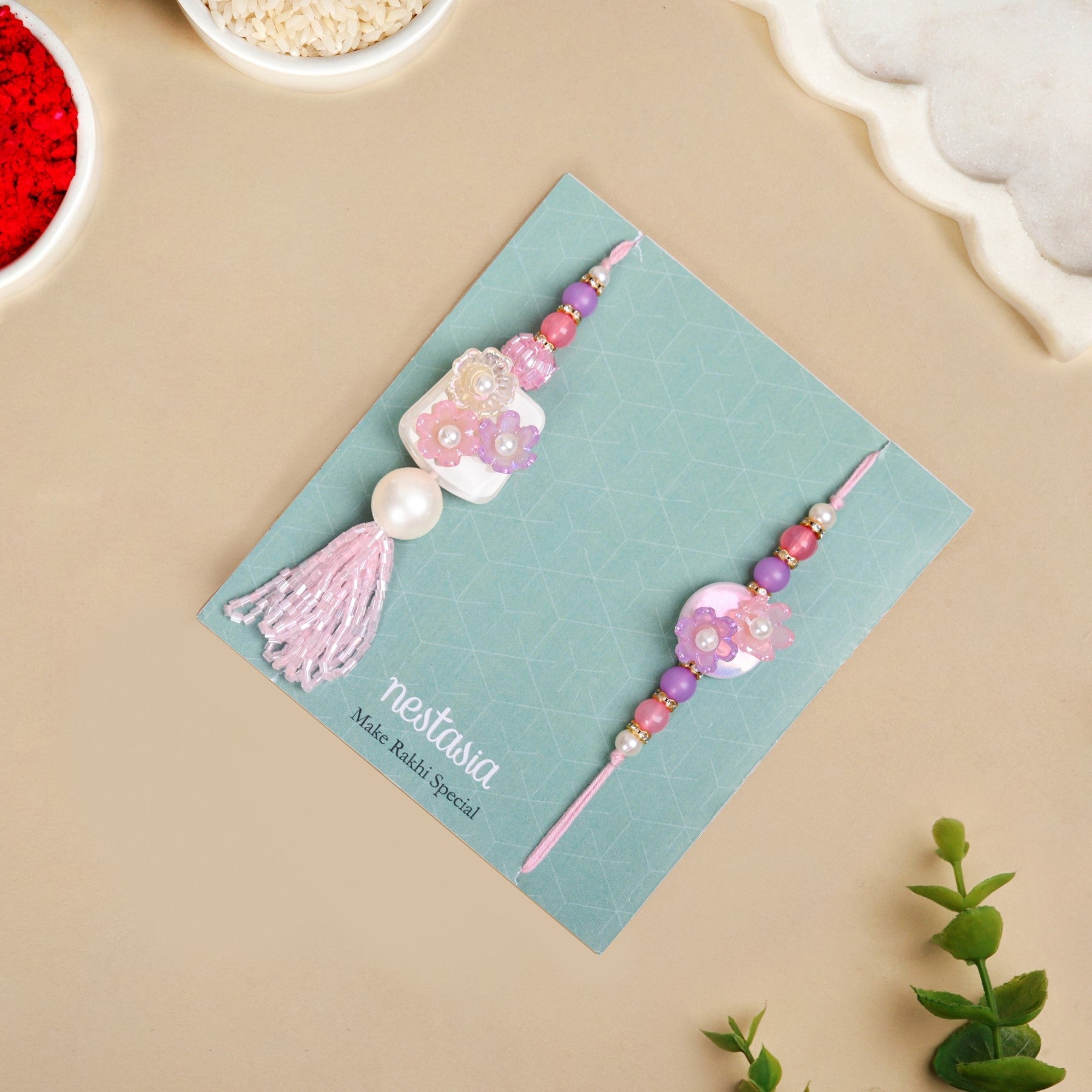 Blush Pink Floral Rakhi Lumba Set