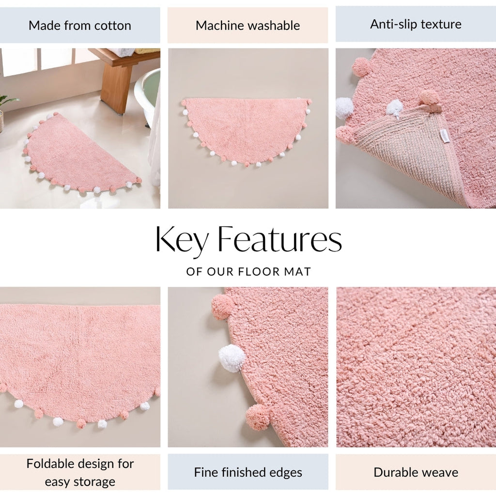 Blush Pink Pom Pom Pure Cotton Anti Slip Floor Mat 88x47cm