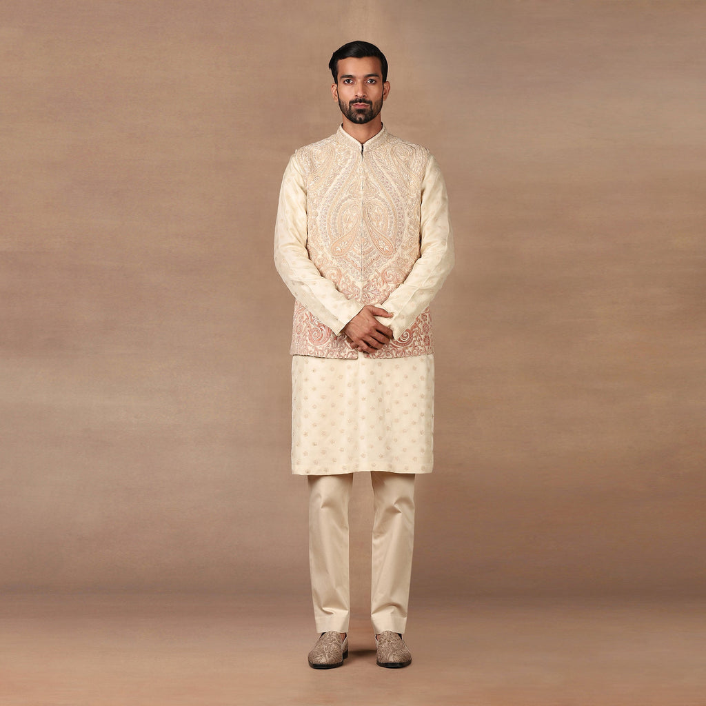 Blush Pink - Ivory Ombre Nehru Jacket Set | MURAQQA
