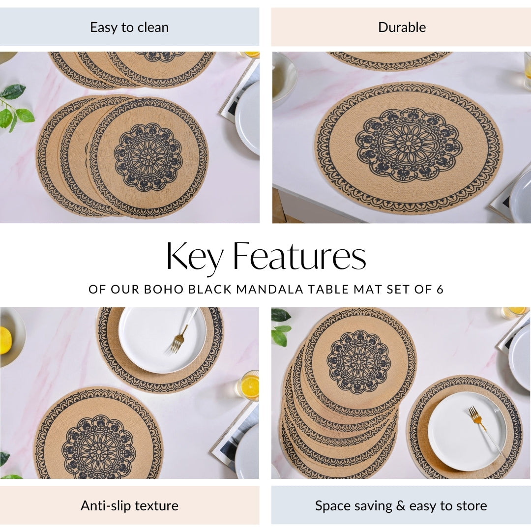 Boho Black Mandala Table Mat Set Of 6