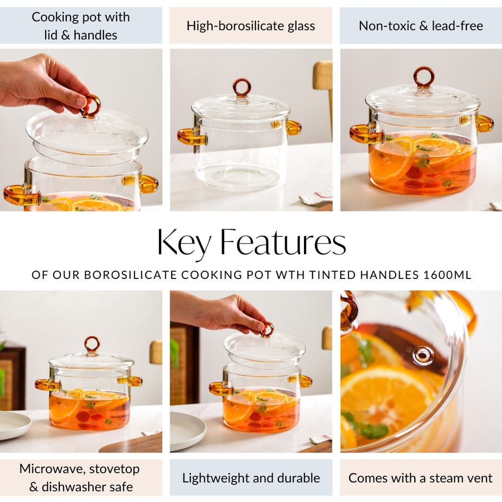 Borosilicate Cooking Pot With Amber Handles 1600ml