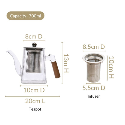 Fluted Glass Kettle With Wooden Handle 700ml