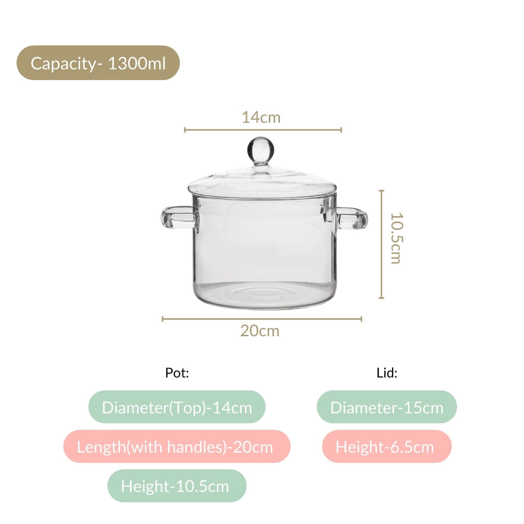 Borosilicate Stovetop Glass Cooking Pot With Lid 1300ml