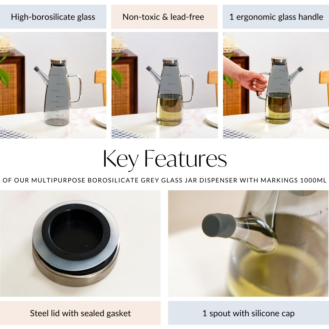 Chic Grey Borosilicate Glass Oil Jar Dispenser With Markings 1000ml