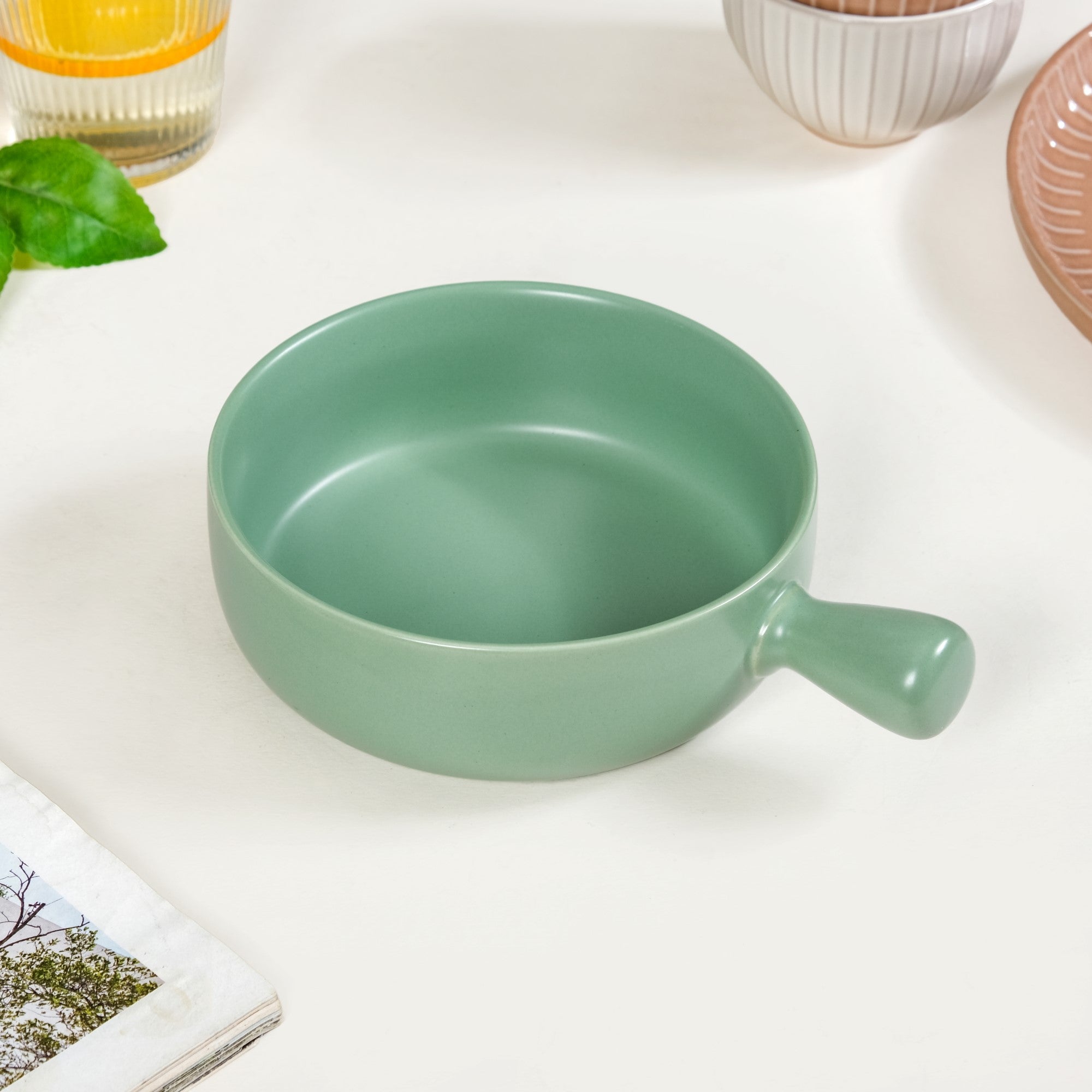 Ceramic Baking Bowl With Handle Sage Green 700ml