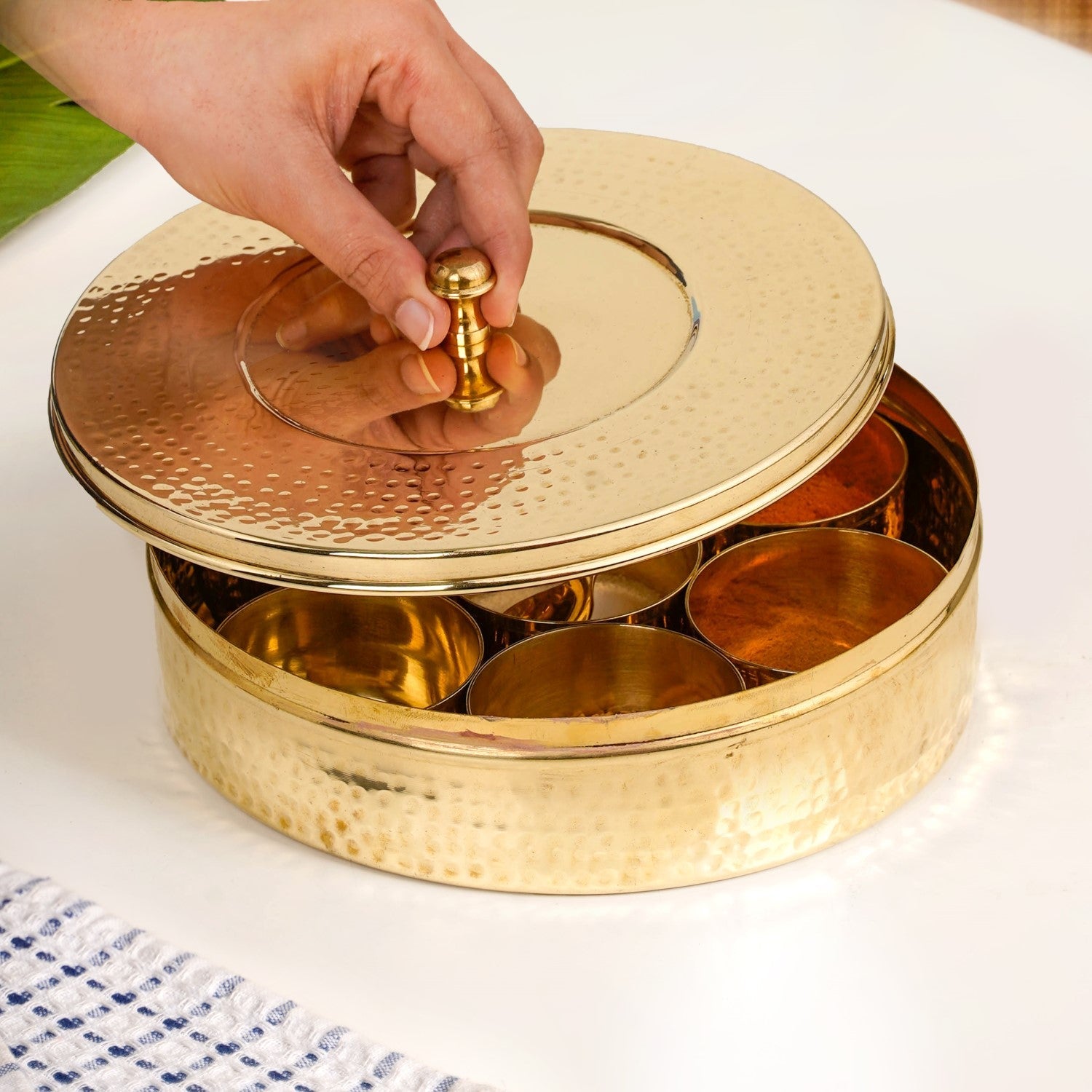 Pure Brass Hammered Masala Box Set With Spoon