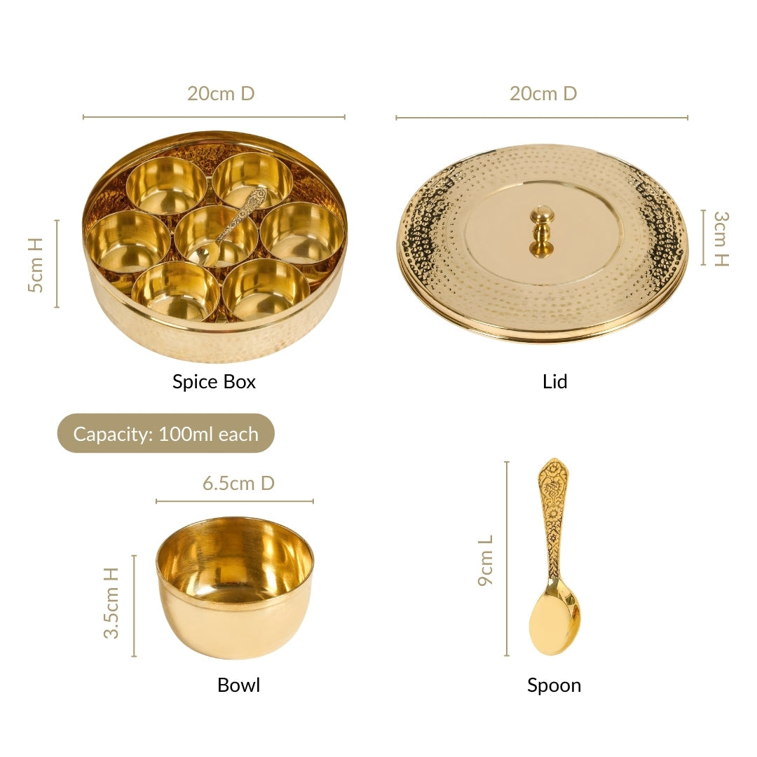 Pure Brass Hammered Masala Box Set With Spoon