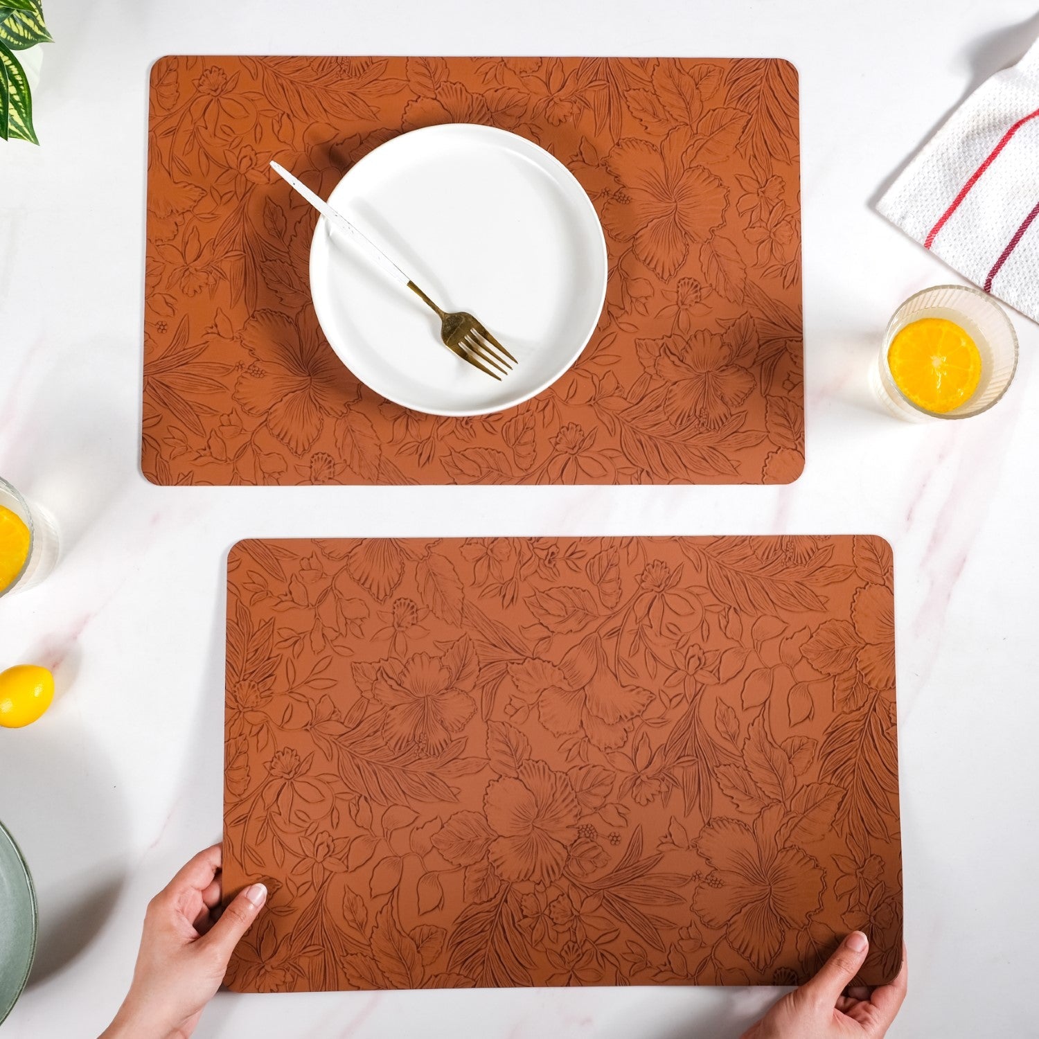Brown Embossed Hibiscus Rectangular Placemats Set Of 6