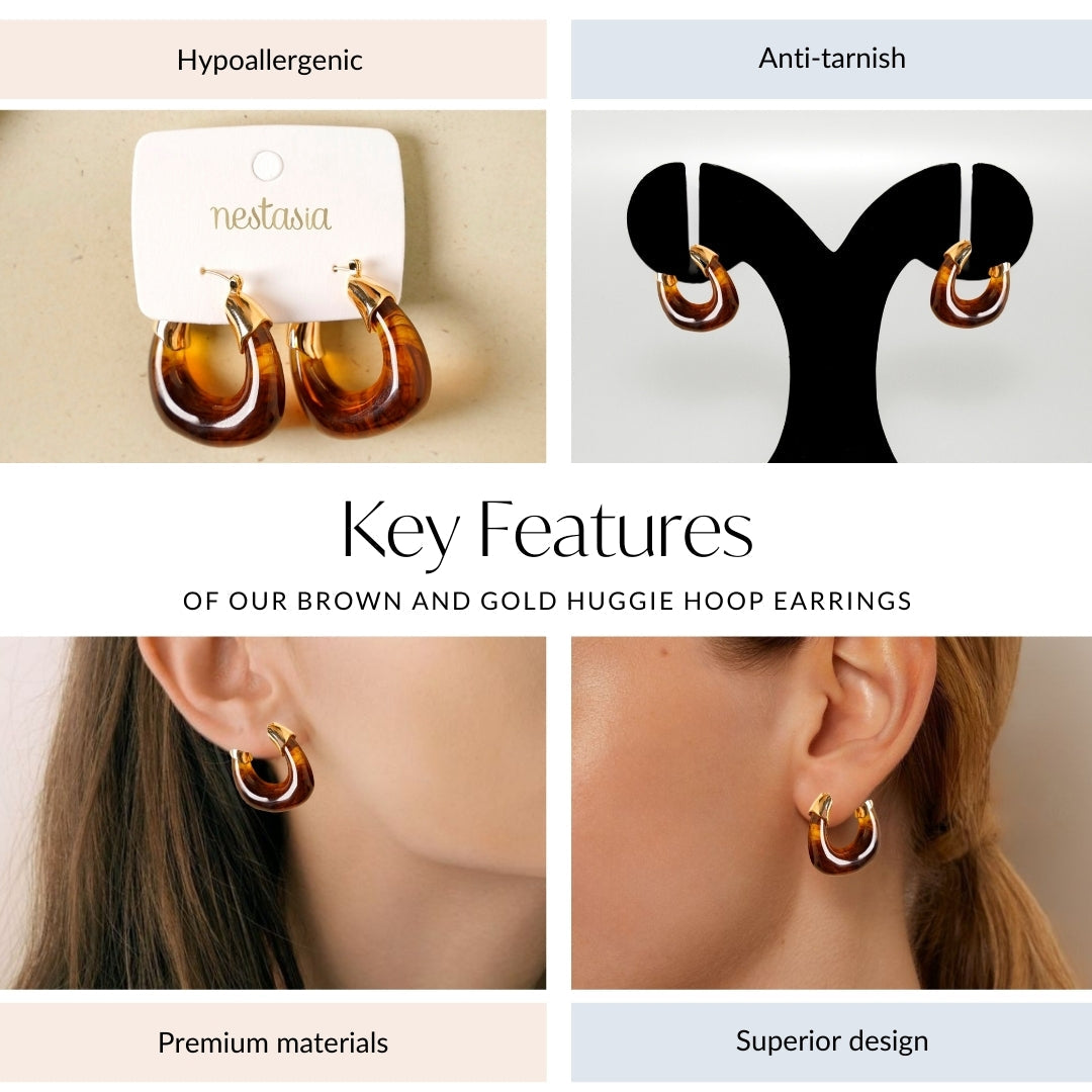 Brown And Gold Huggie Hoop Earrings