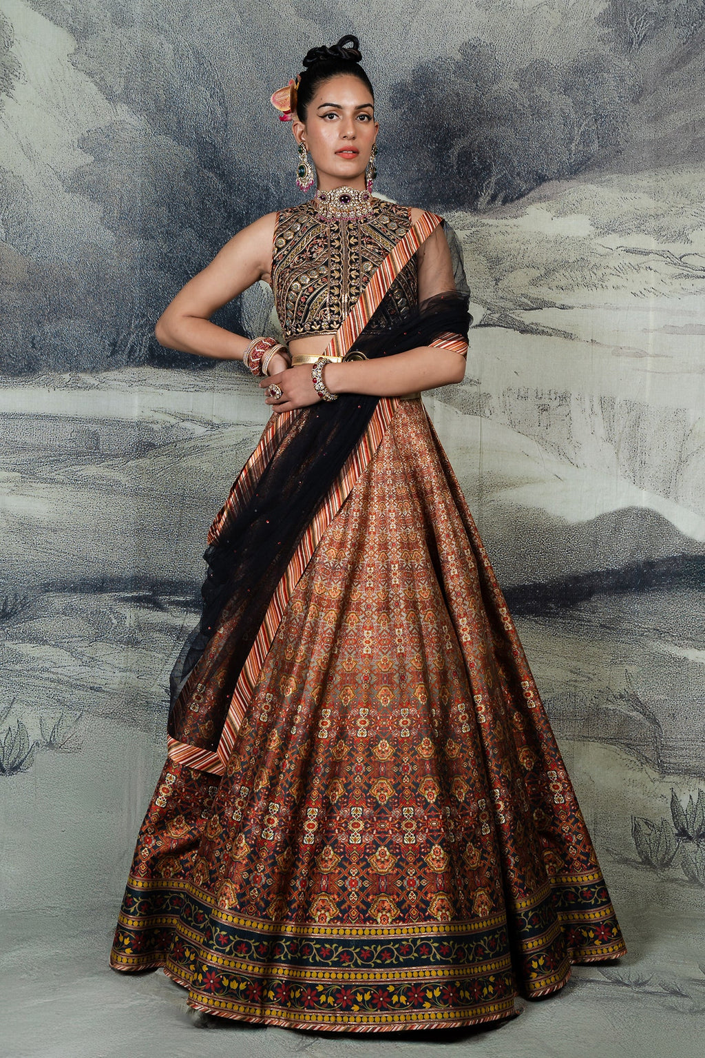 Burgundy - Orange Ombre Skirt Set | BARODA