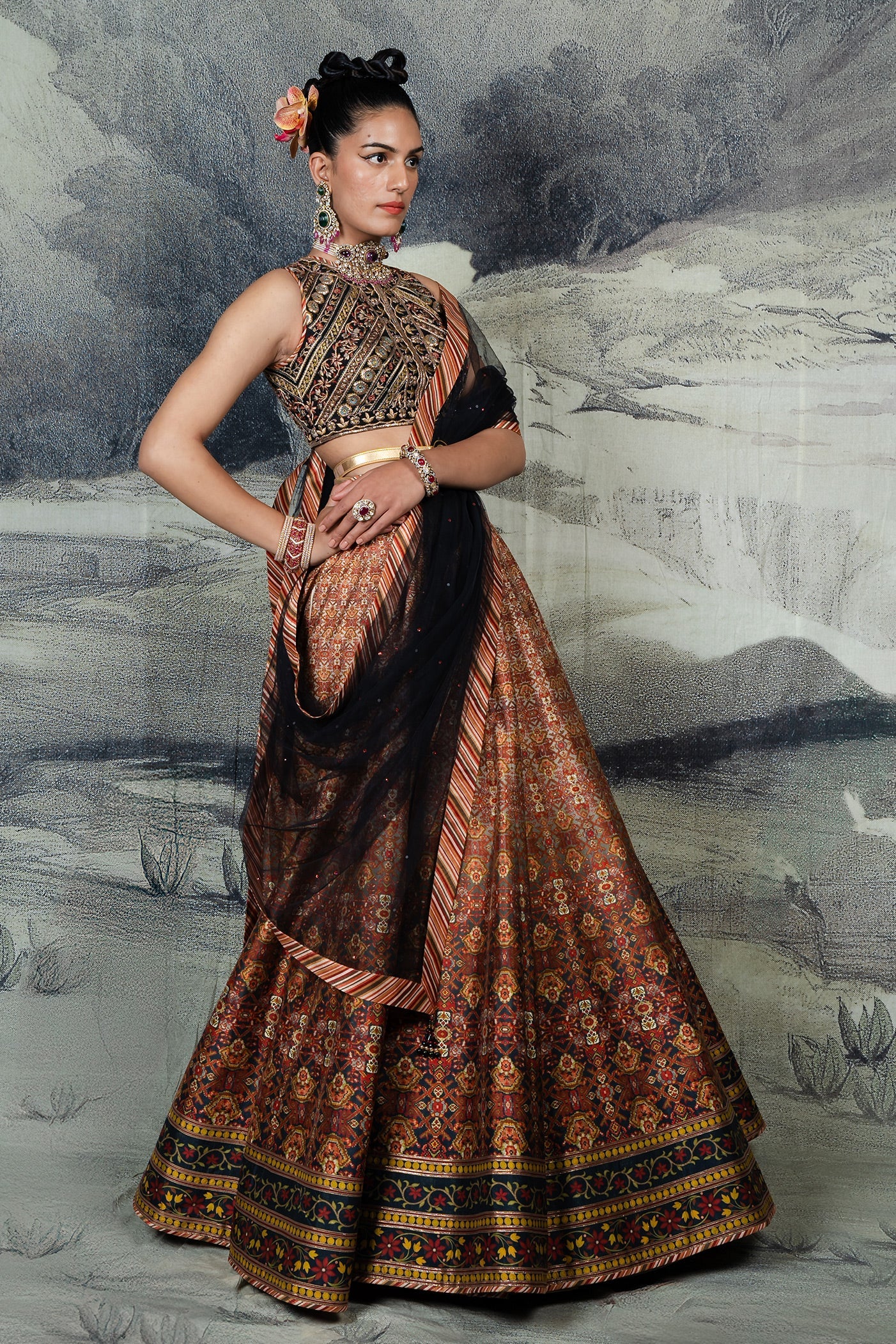 Burgundy - Orange Ombre Skirt Set | BARODA