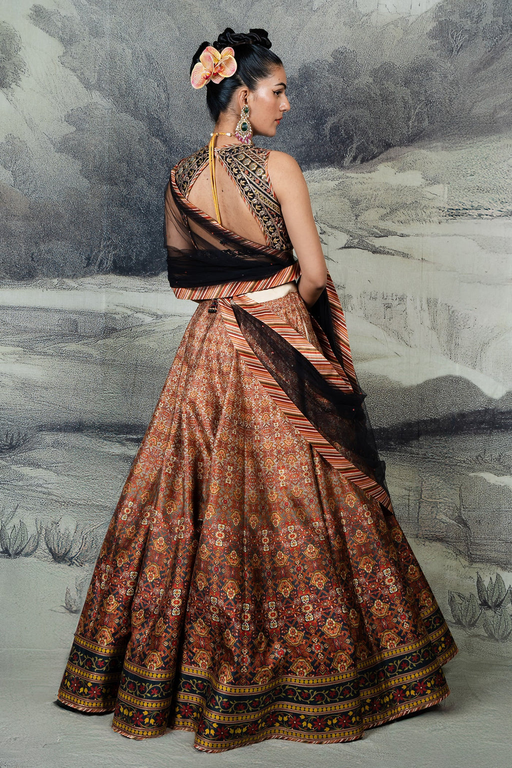 Burgundy - Orange Ombre Skirt Set | BARODA