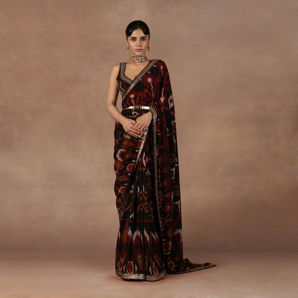Burgundy Ikat Saree Set | EAST
