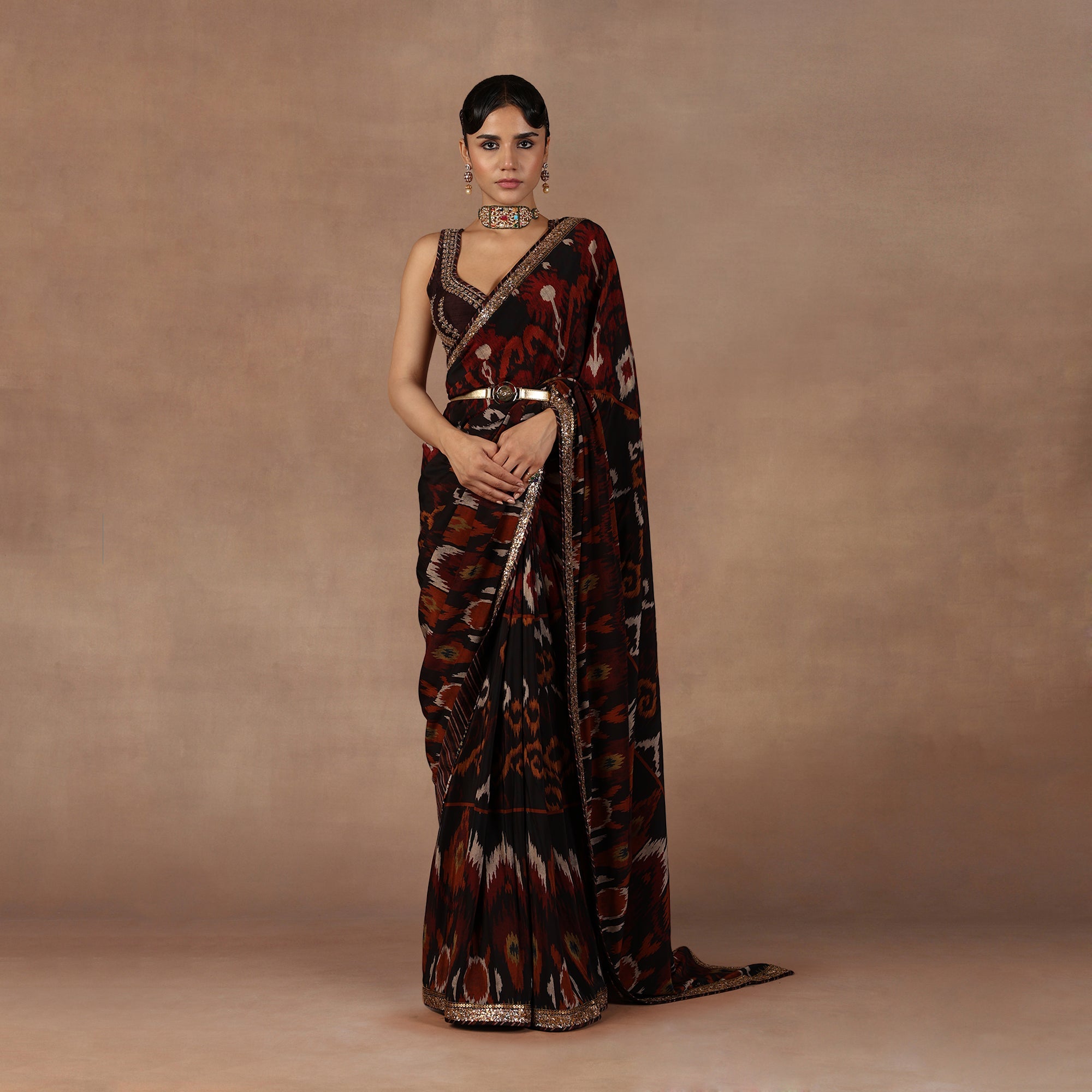 Burgundy Ikat Saree Set | EAST