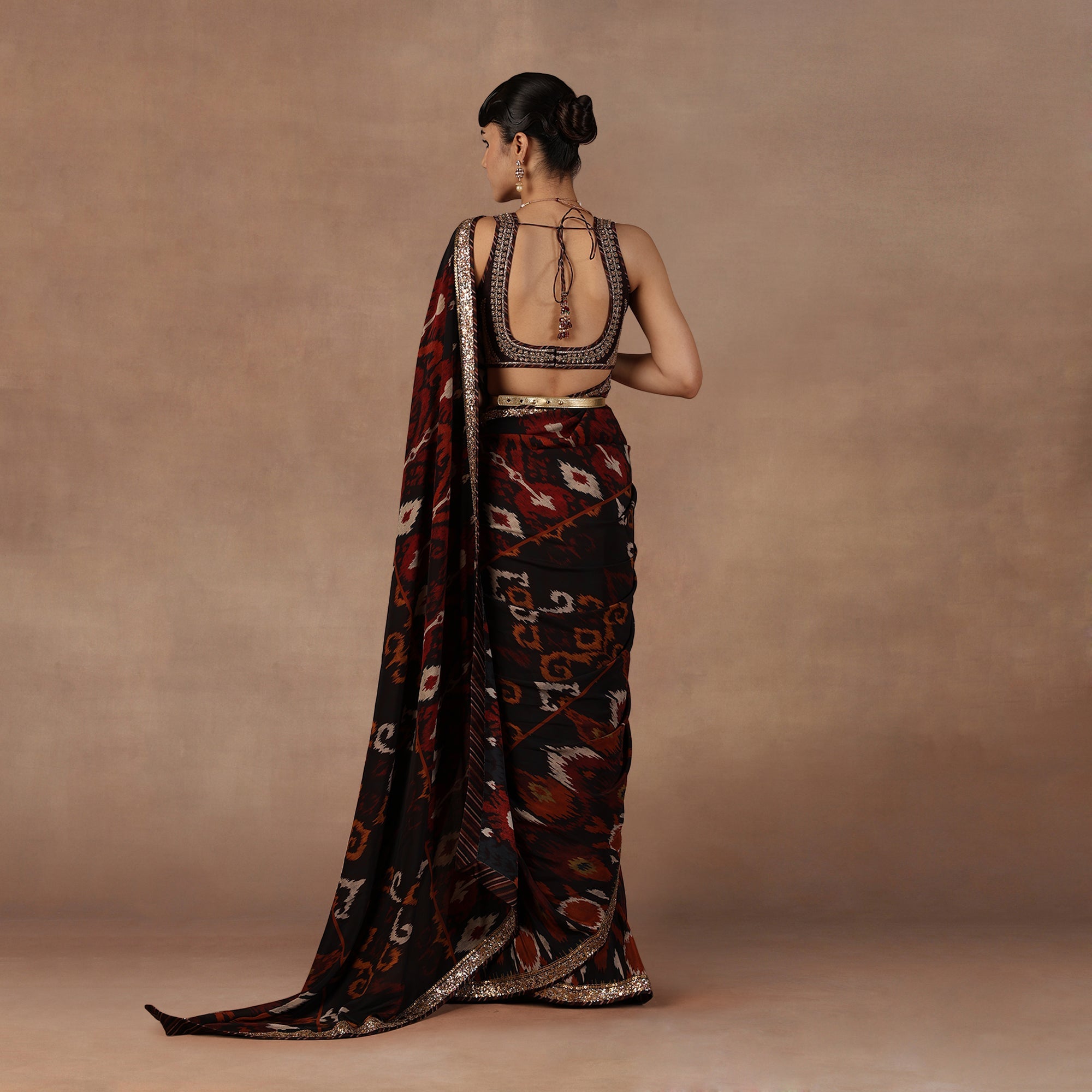 Burgundy Ikat Saree Set | EAST