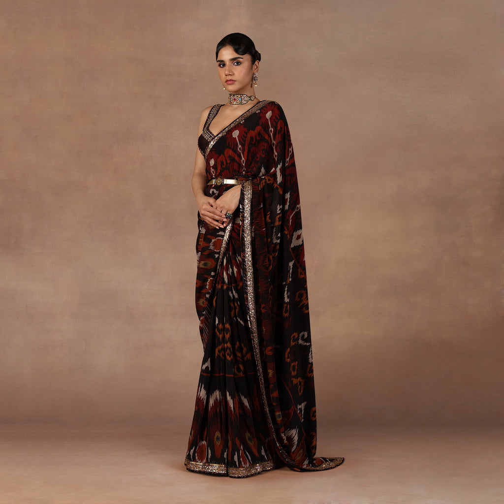Burgundy Ikat Saree Set | EAST