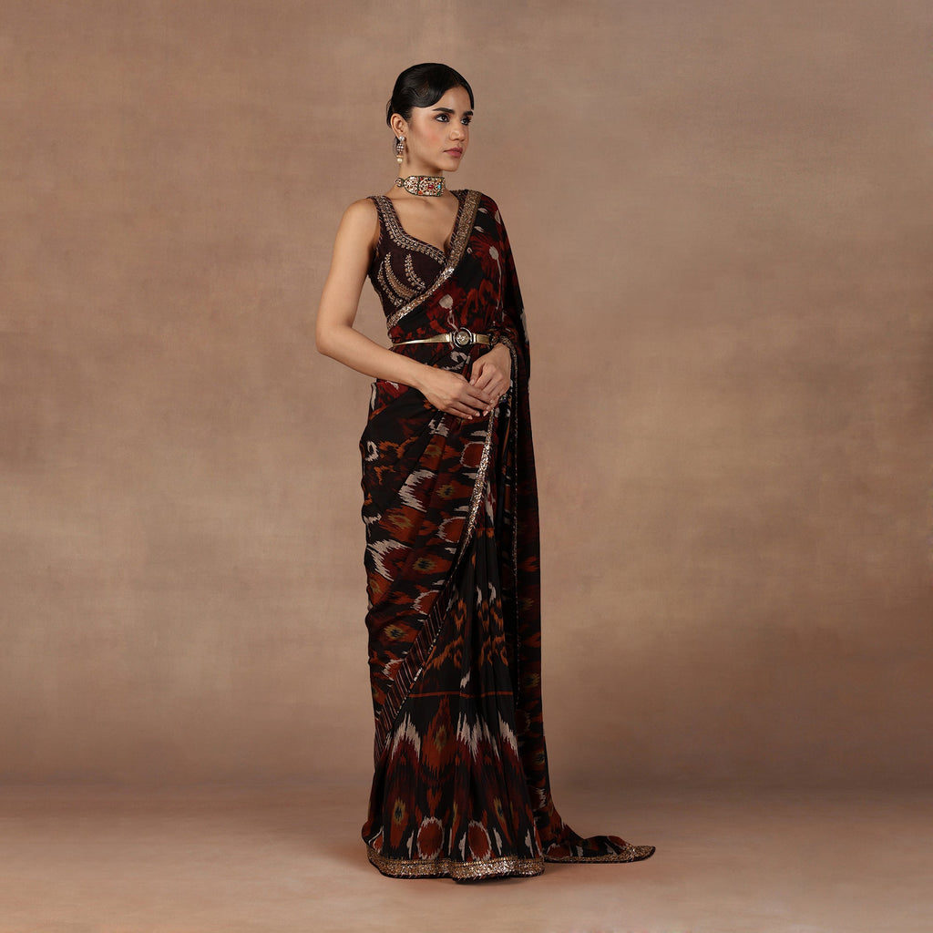 Burgundy Ikat Saree Set | EAST