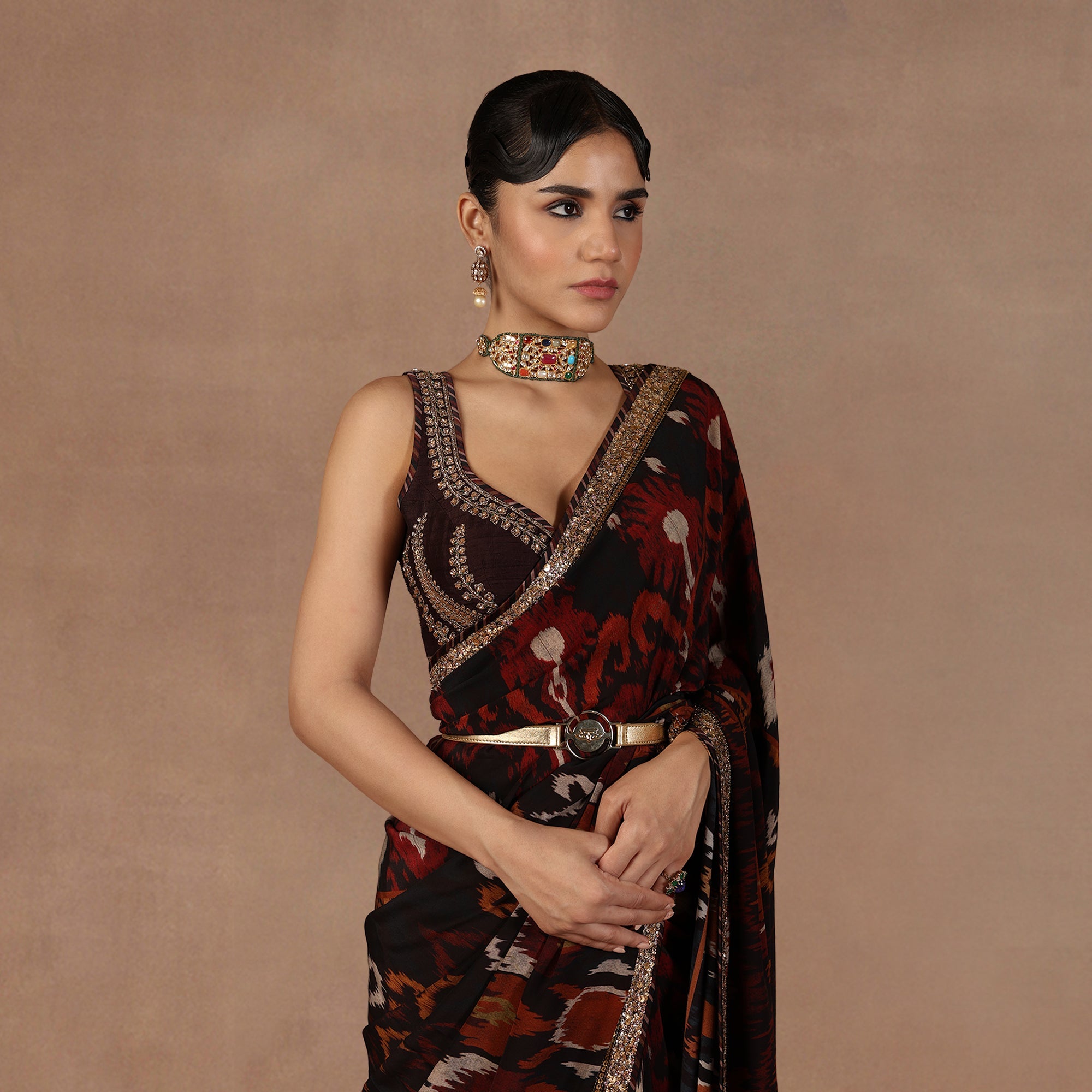 Burgundy Ikat Saree Set | EAST