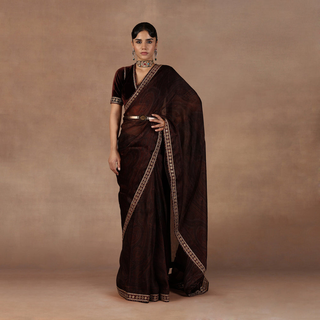 Burgundy Jamawar Saree Set | EAST