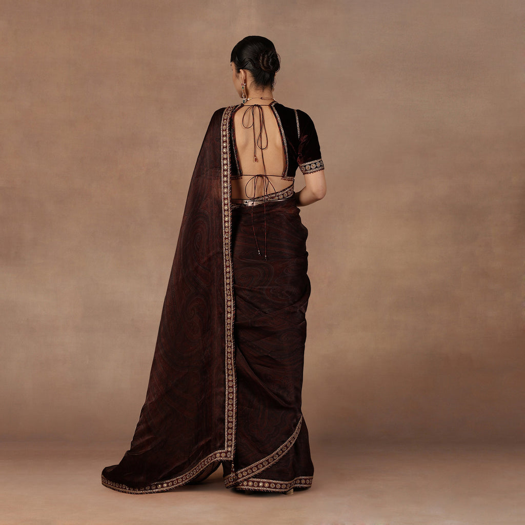 Burgundy Jamawar Saree Set | EAST