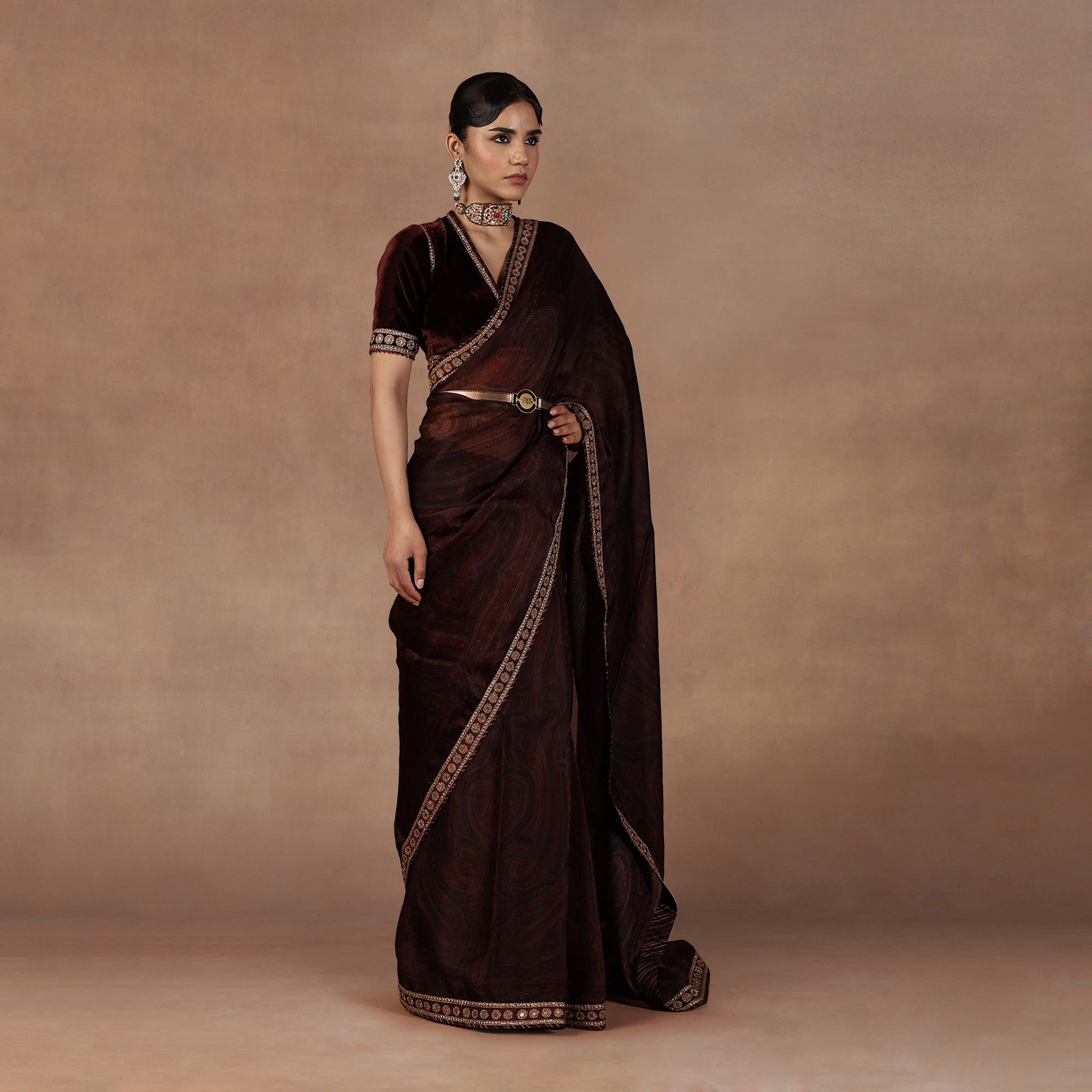 Burgundy Jamawar Saree Set | EAST