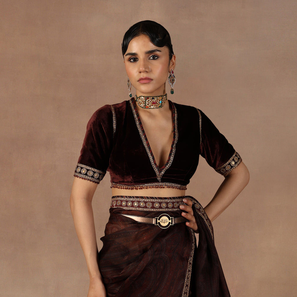 Burgundy Jamawar Saree Set | EAST