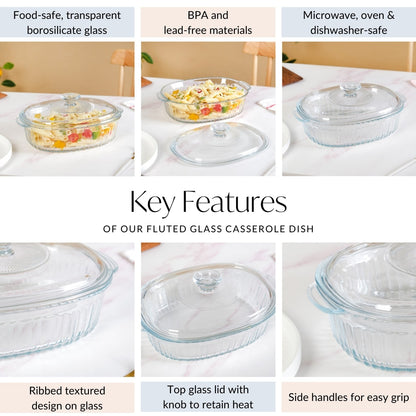 Fluted Glass Casserole Dish With Lid 1600ml