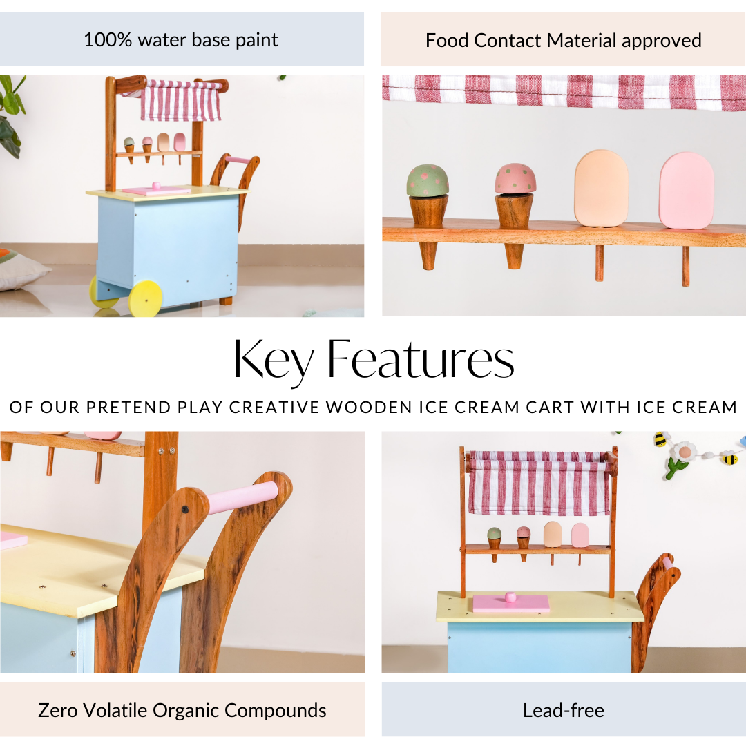 Pretend Play Creative Wooden Ice Cream Cart With Ice Cream