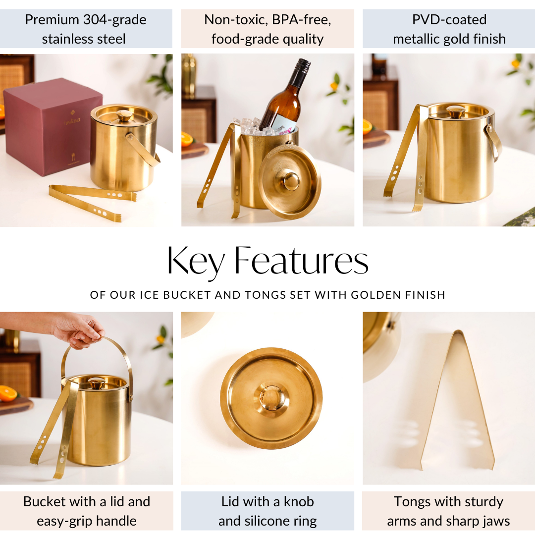 Ice Bucket And Tongs Set With Golden Finish 2000ml