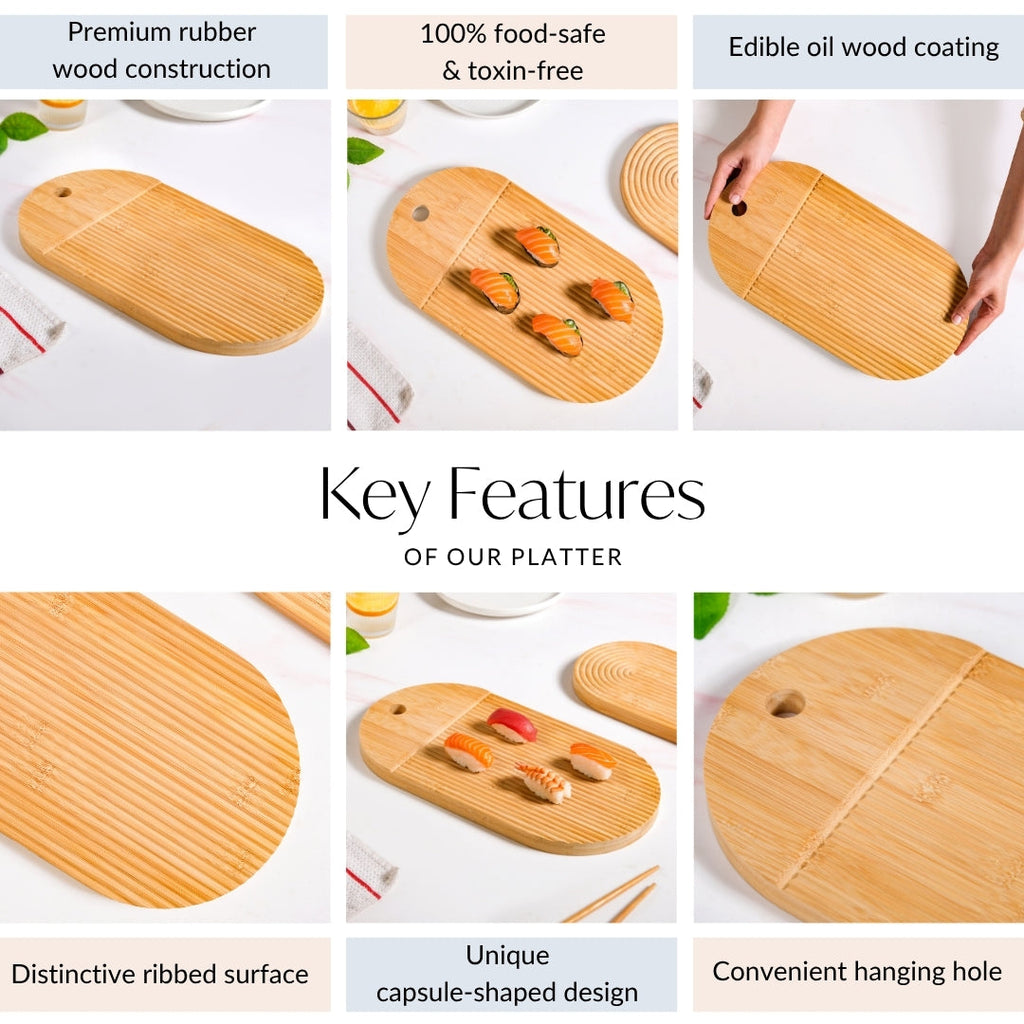 Ribbed Capsule Bamboo Zen Garden Serving Platter 15 Inch