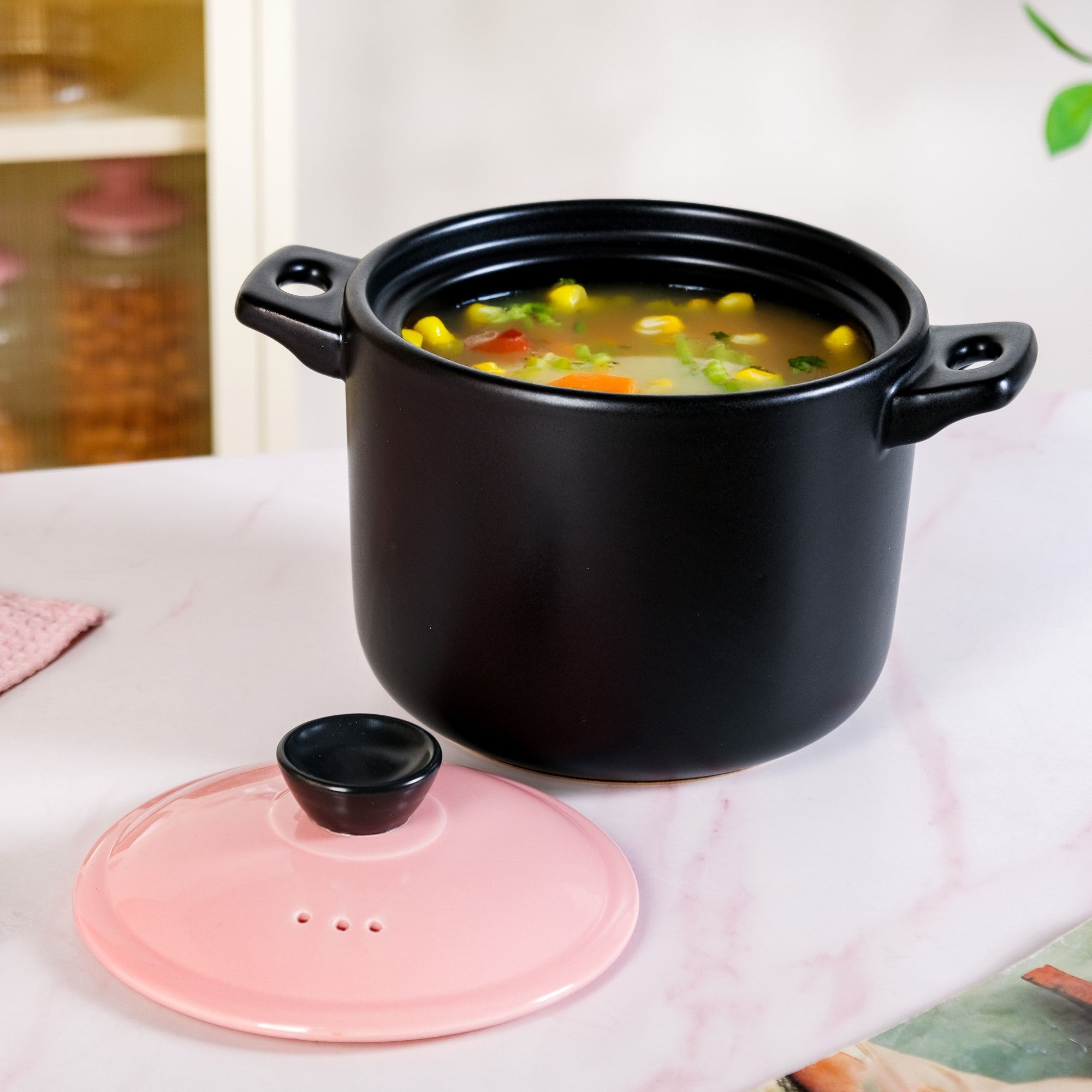 Flamora Ceramic Cooking Pot Pink Black 4700ml