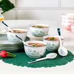 Ceramic Rose Bowl With Spoon Set Of 4 Green White 400ml